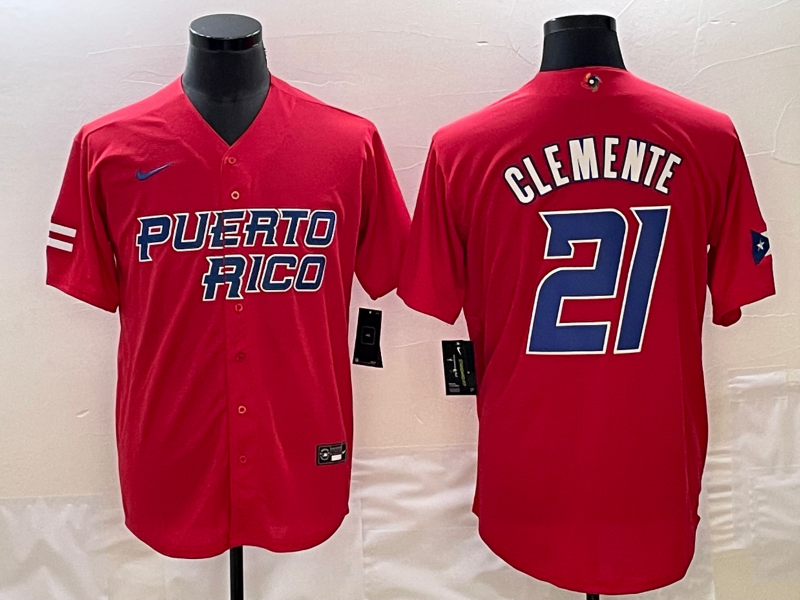 Men's Puerto Rico Baseball #21 Roberto Clemente 2023 Red World Baseball Classic Stitched Jersey